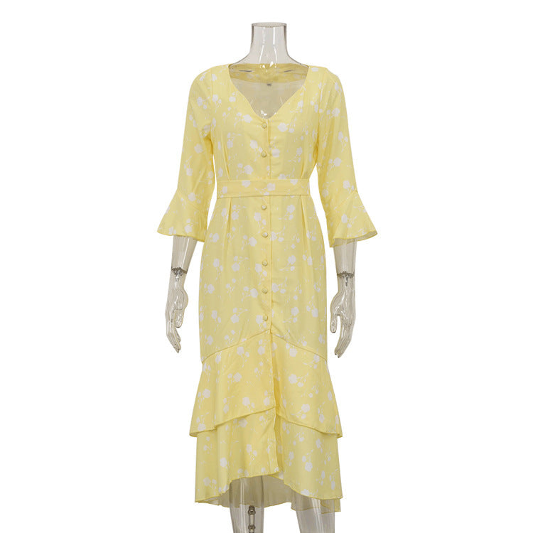 Asymmetric V-Neck Delicate Floral Dress with Breezy Flared Sleeves-Yellow-Theone Apparel