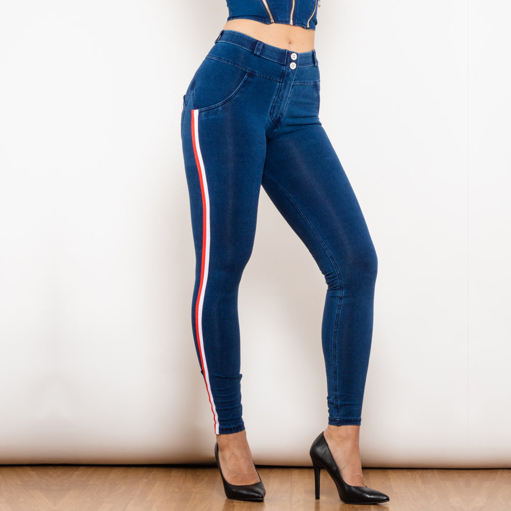 Black Stretch Pencil Jeggings with Striped Slim Design-Dark Blue-Theone Apparel