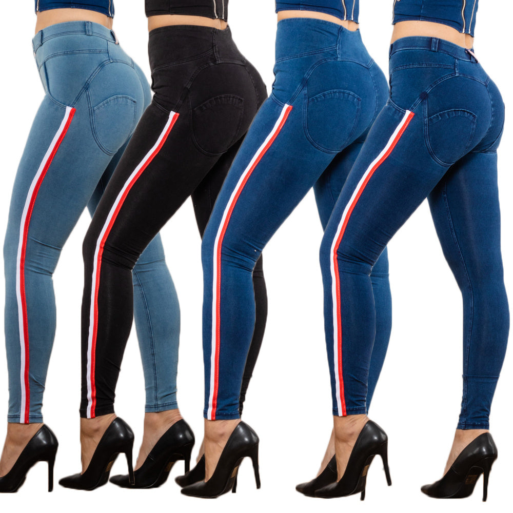 Black Stretch Pencil Jeggings with Striped Slim Design-Theone Apparel