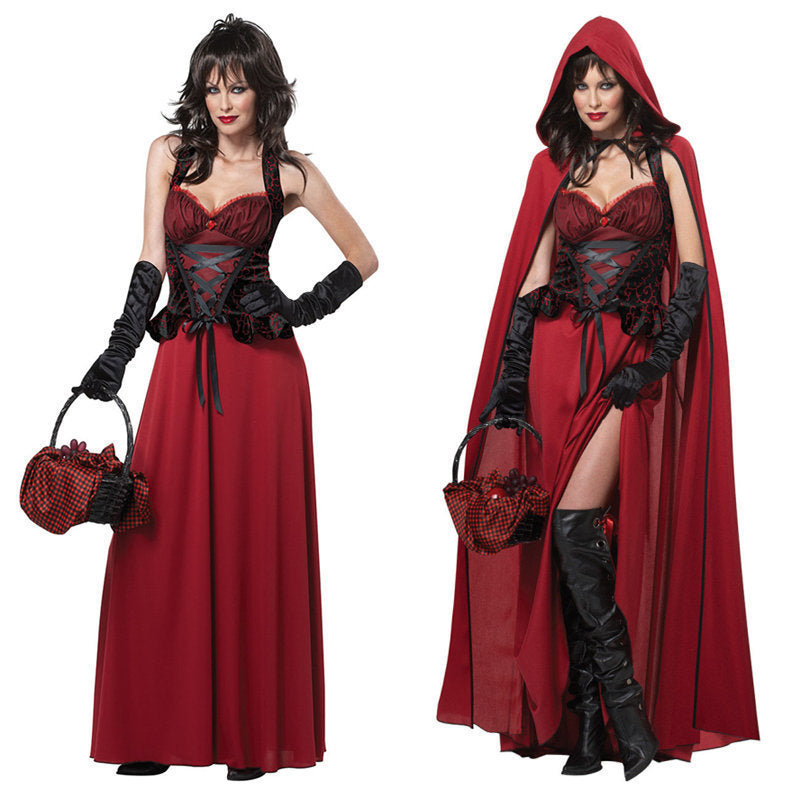 Black and Red Corset Dress with Hooded Cloak Halloween Costume-Theone Apparel
