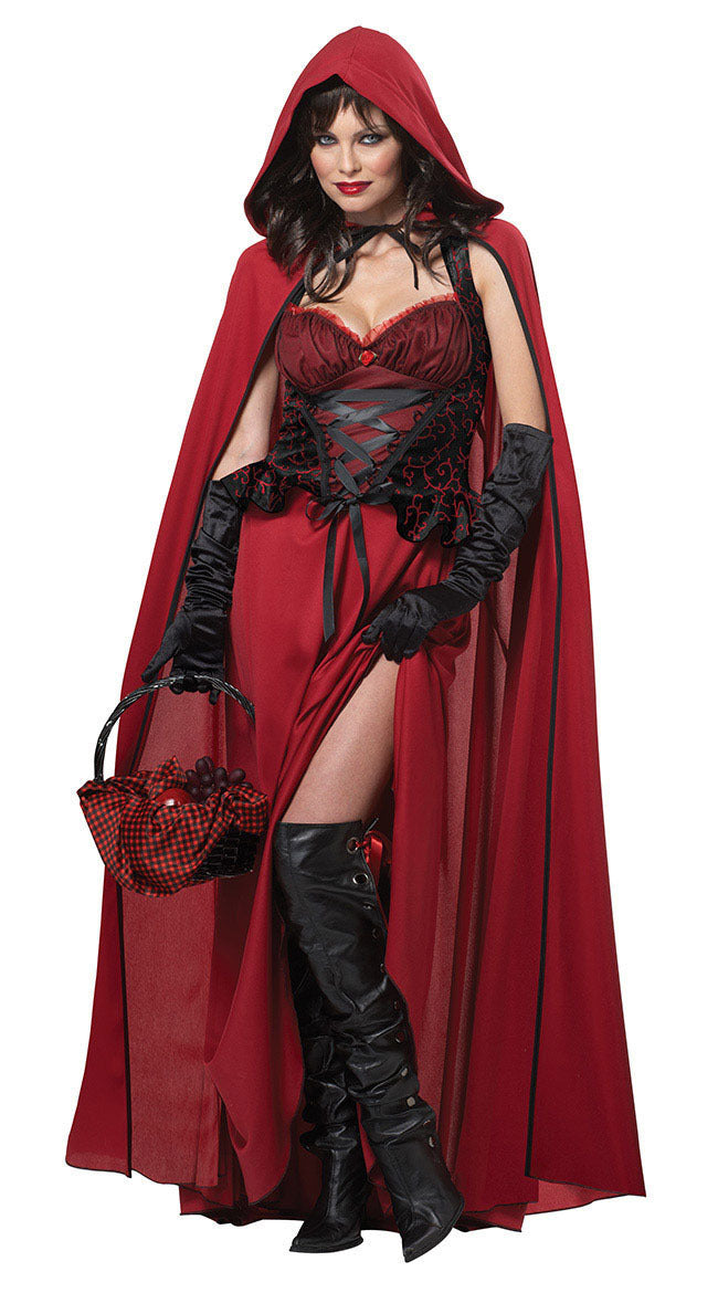 Black and Red Corset Dress with Hooded Cloak Halloween Costume-Red-Theone Apparel