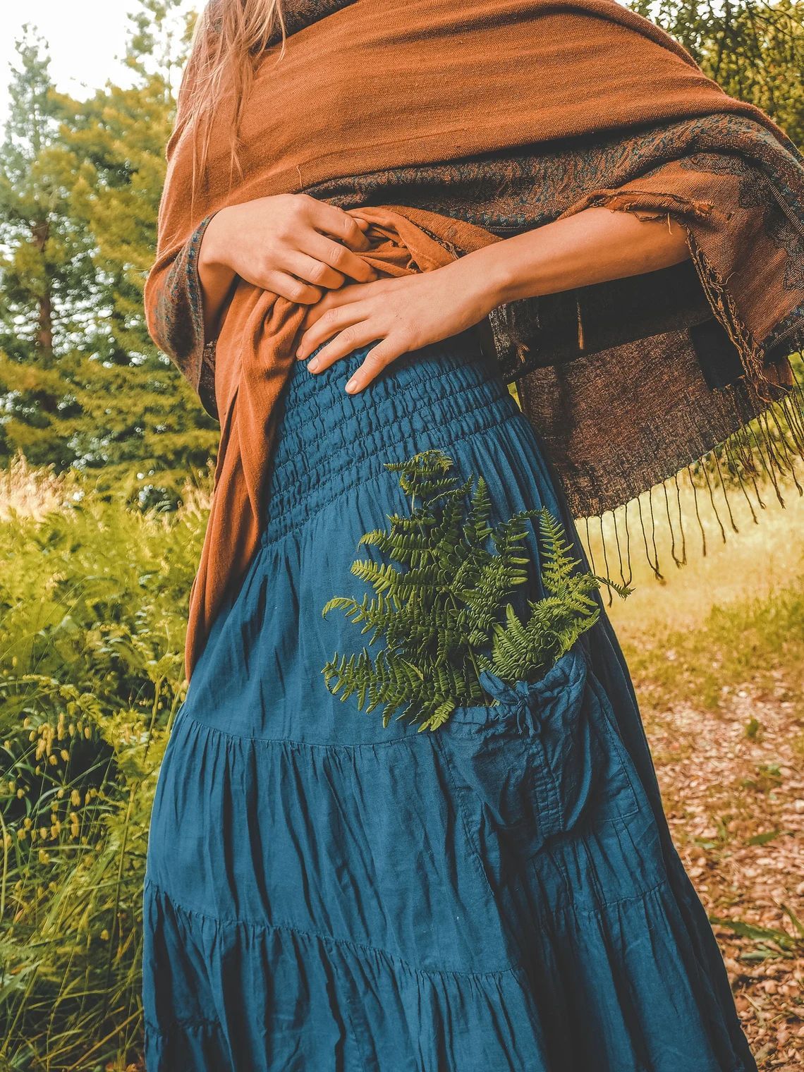 Bohemian Loose Solid Skirt For Relaxed Everyday Comfort-Peacock Blue-Theone Apparel