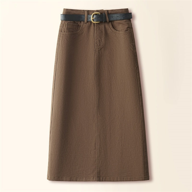 Brown A-Line Retro Slit Skirt That Flatters Every Curve-Khaki-Theone Apparel