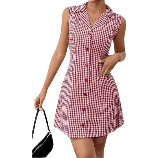Chic French Plaid Lapel Dress with Vintage Retro Allure-Theone Apparel