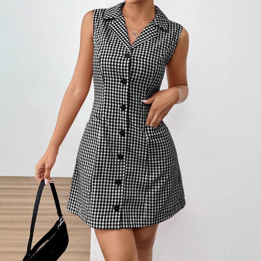 Chic French Plaid Lapel Dress with Vintage Retro Allure-Theone Apparel
