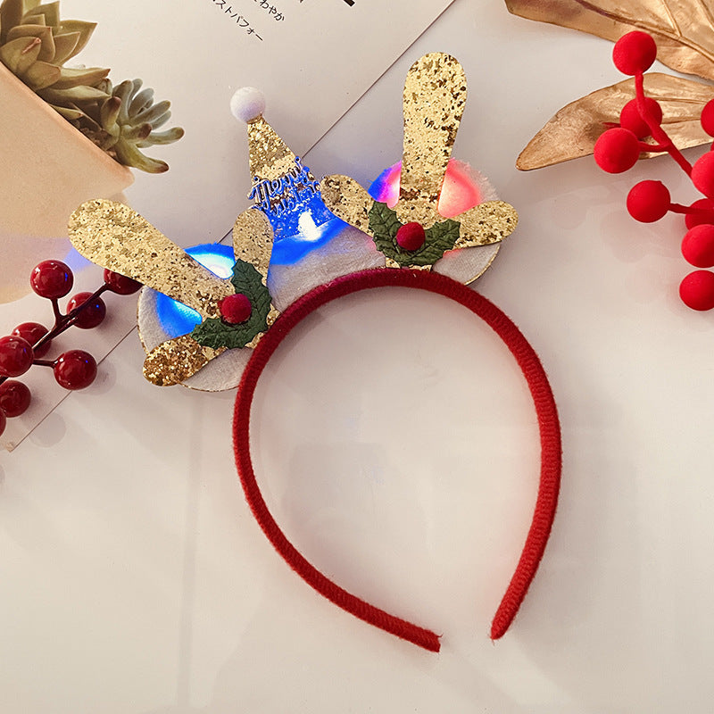 Christmas Tree Headband Hat with LED String Lights-25 Gold Pink Antlers-Theone Apparel