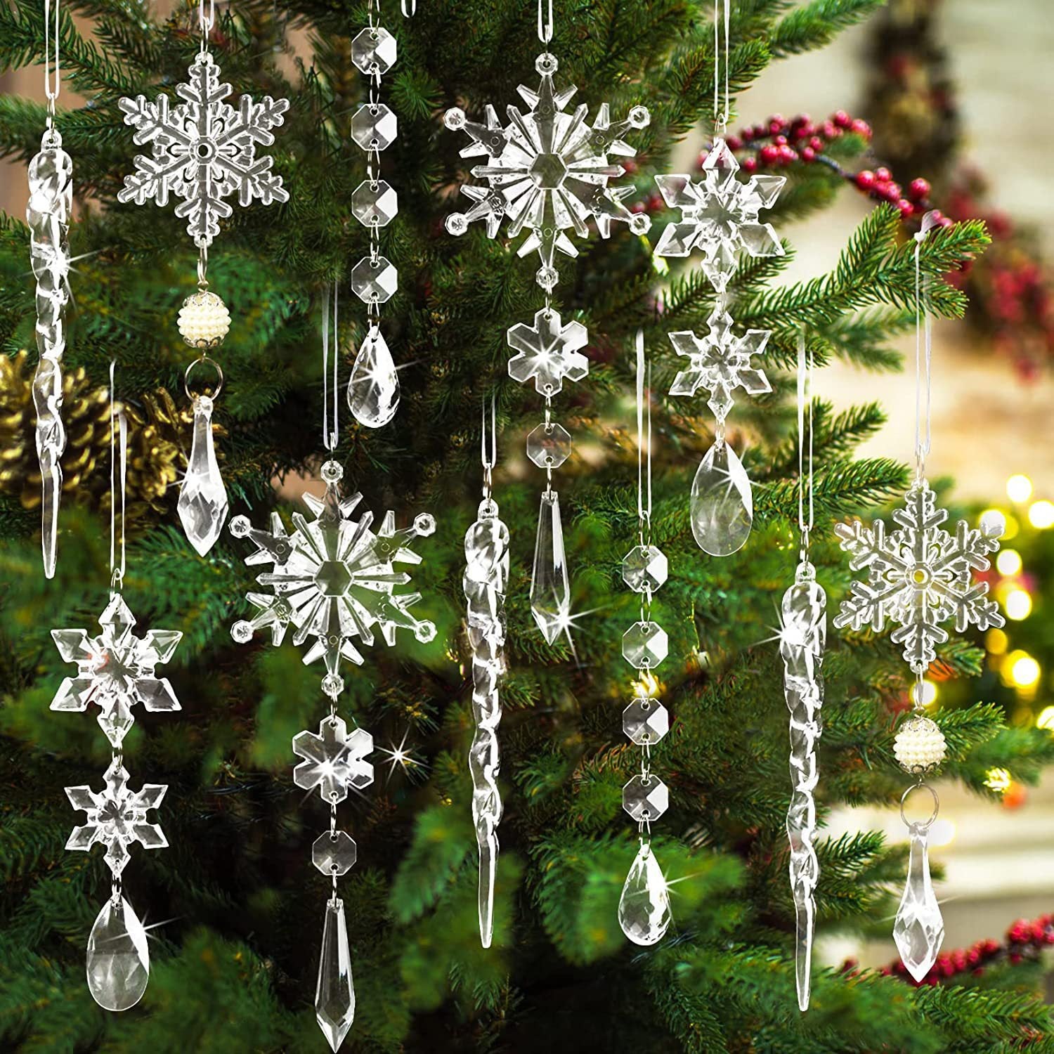Crystal Clear Transparent Hanging Acrylic Beaded Snowflake Decorations-Theone Apparel