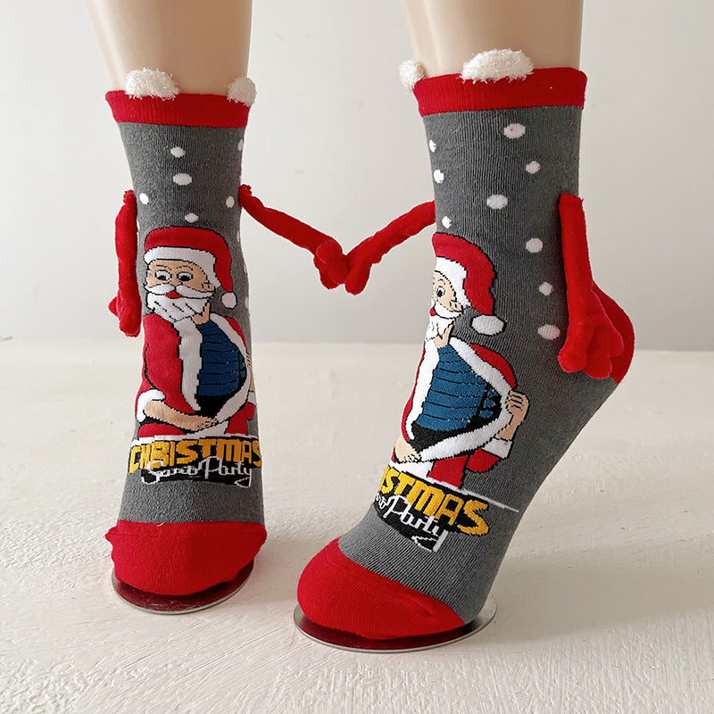 Cute Magnetic Hand Holding Christmas Themed Ankle Socks for Couples-Dark Grey Santa Claus-Theone Apparel