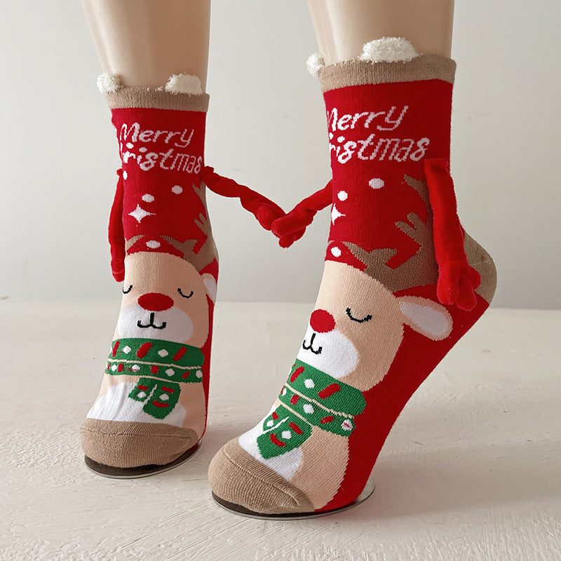Cute Magnetic Hand Holding Christmas Themed Ankle Socks for Couples-Red Scarf Elk-Theone Apparel