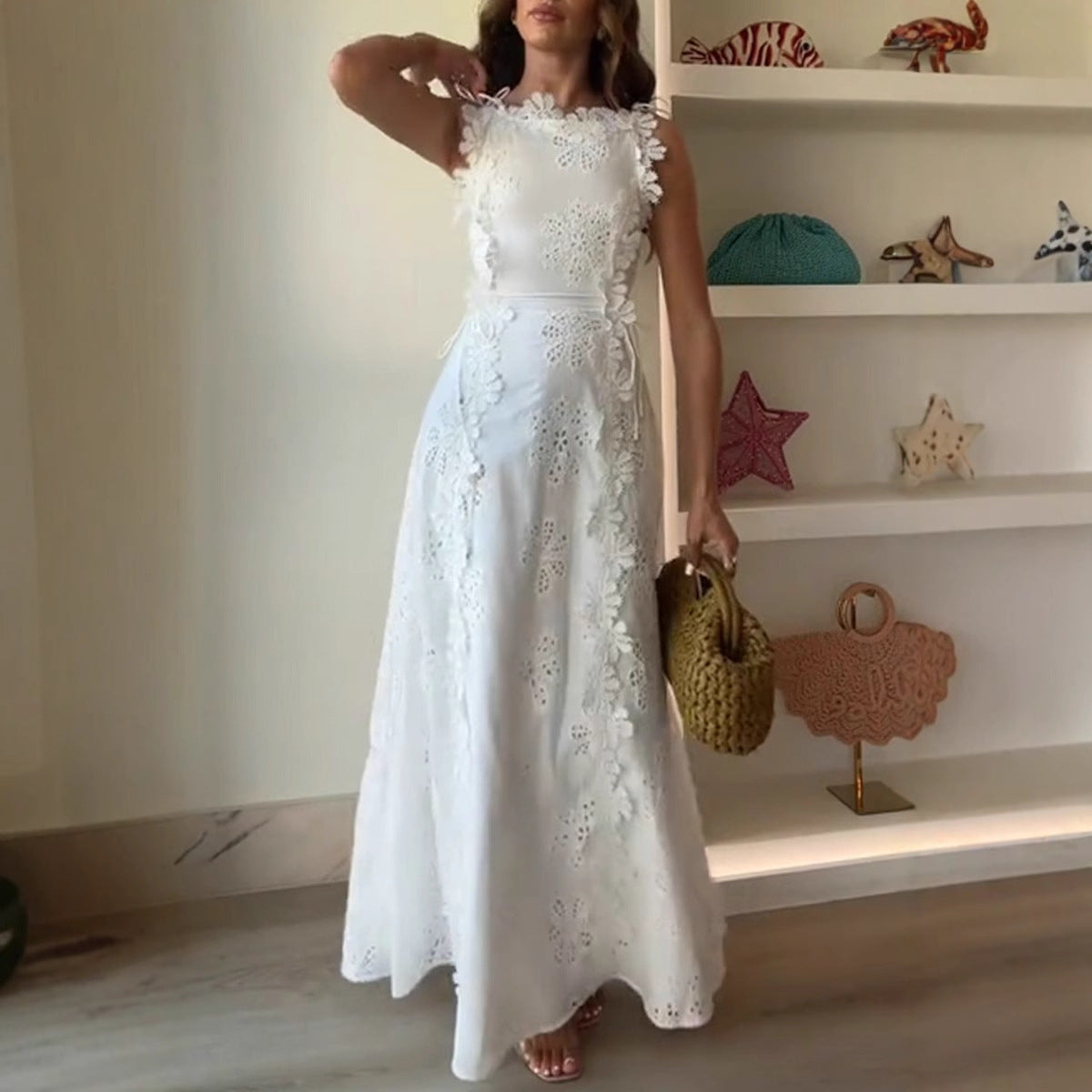 Delicate Lace Embroidery Tie-Strap Holiday Dress with Boho Flair-Theone Apparel