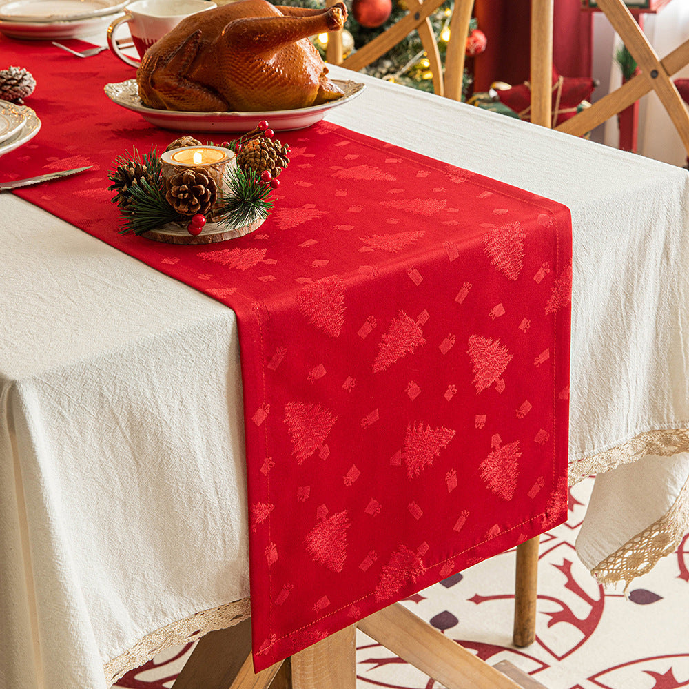 Elegant Satin Polyester Jacquard Christmas Table Runner in Assorted Colors-Red with Christmas Tree-Theone Apparel