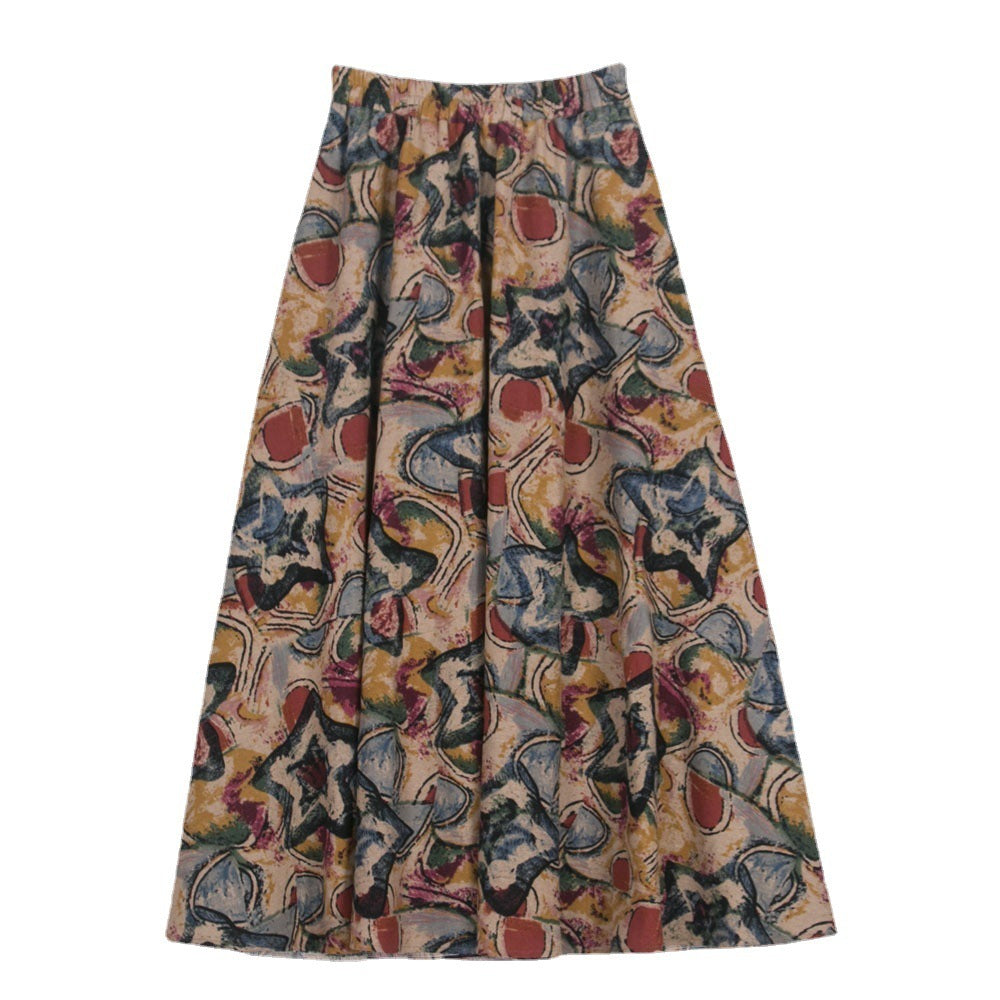 Ethnic Style Cotton Linen Swing Skirt With Elastic Waist-Theone Apparel