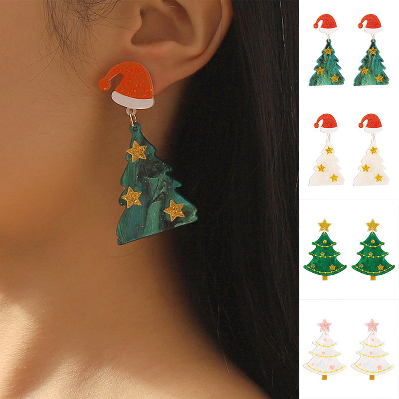 Festive Christmas Tree Dangle Drop Earrings with Santa Hat Stud-Theone Apparel