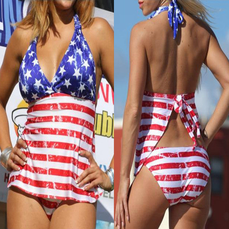 Flag Print One-Piece Swimsuit for Patriotic Summer Waves-Theone Apparel