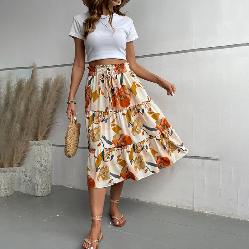 Floral Tiered Midi Skirt With Elastic Waist For Boho Charm-Theone Apparel