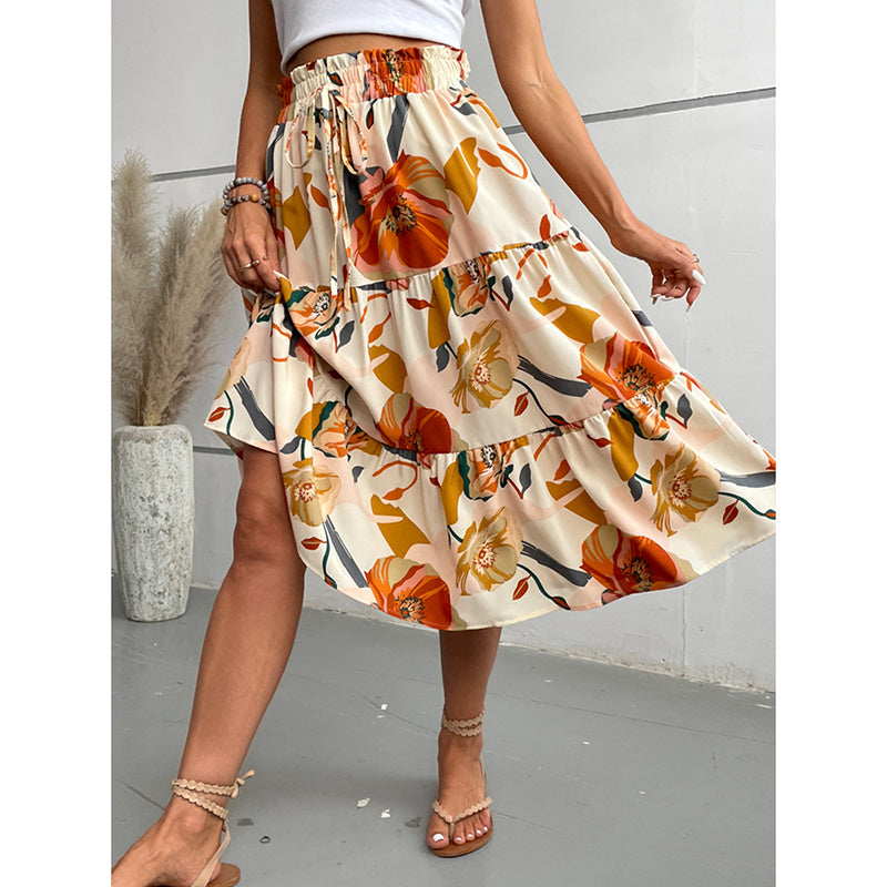 Floral Tiered Midi Skirt With Elastic Waist For Boho Charm-Theone Apparel