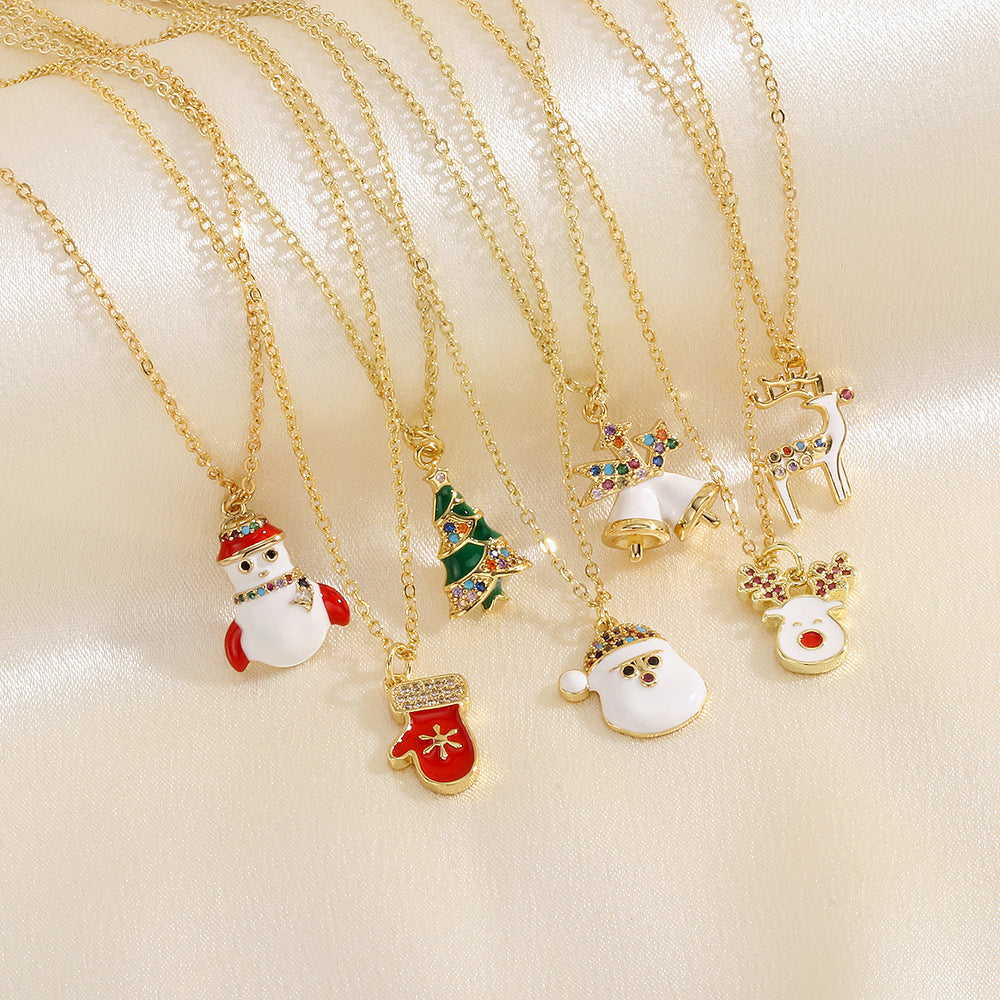 Gold-Tone Christmas Enamel & Rhinestone Chain Pendant Necklace in Assorted Styles-Theone Apparel