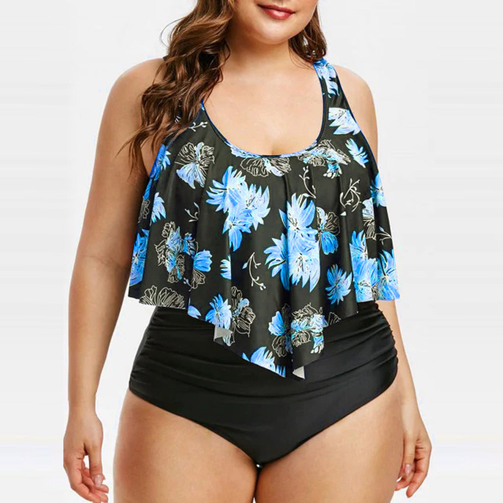 High-Waist Lotus Print One-Piece Swimsuit for Elegant Flair-Blue-Theone Apparel