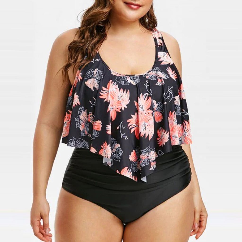 High-Waist Lotus Print One-Piece Swimsuit for Elegant Flair-Orange-Theone Apparel