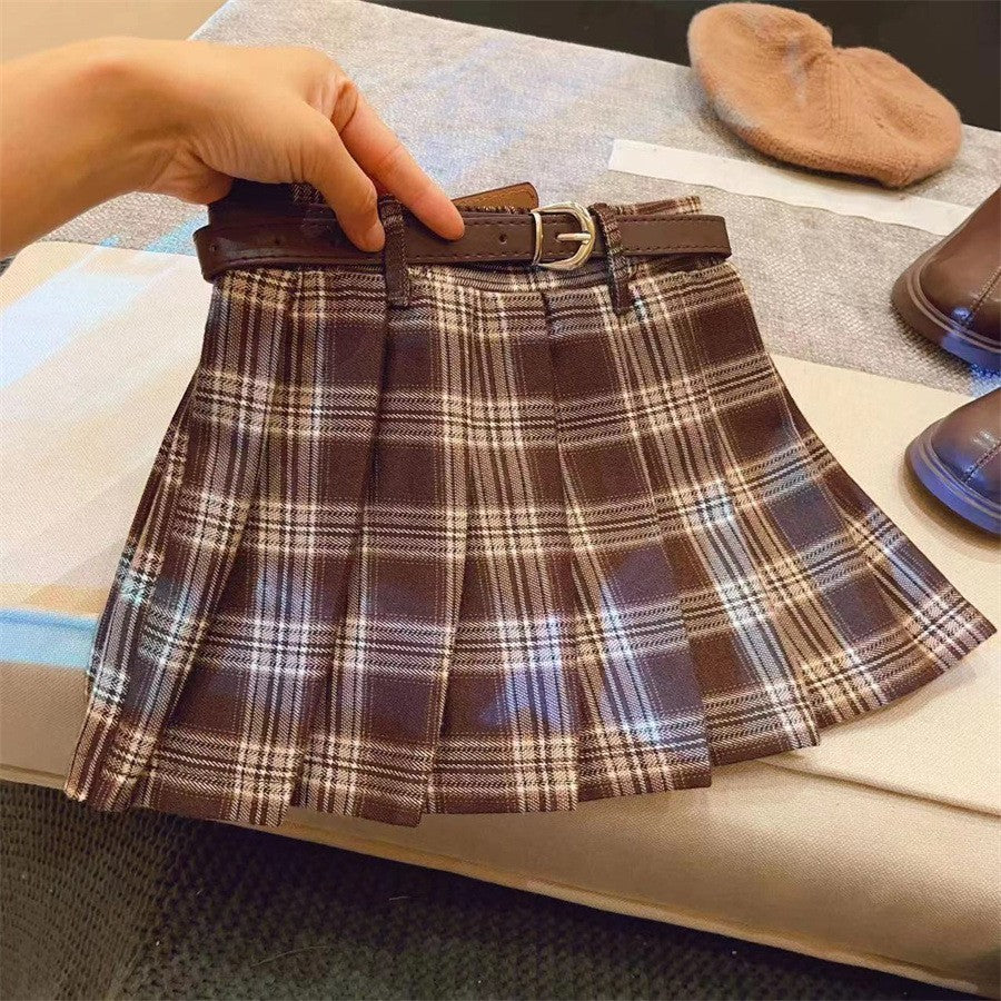 Kids Plaid Pleated Cotton Skirt For Everyday Comfort-Brown-Theone Apparel