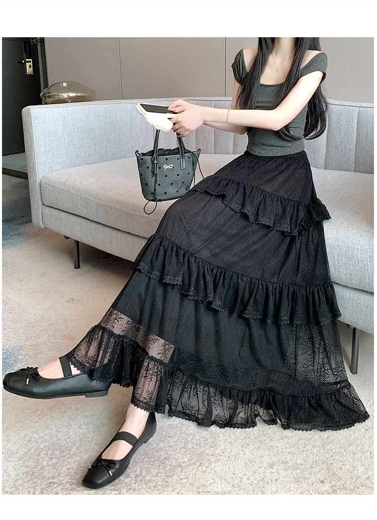 Lace Cake Dress With Net Falbala Bubble Skirt-Theone Apparel