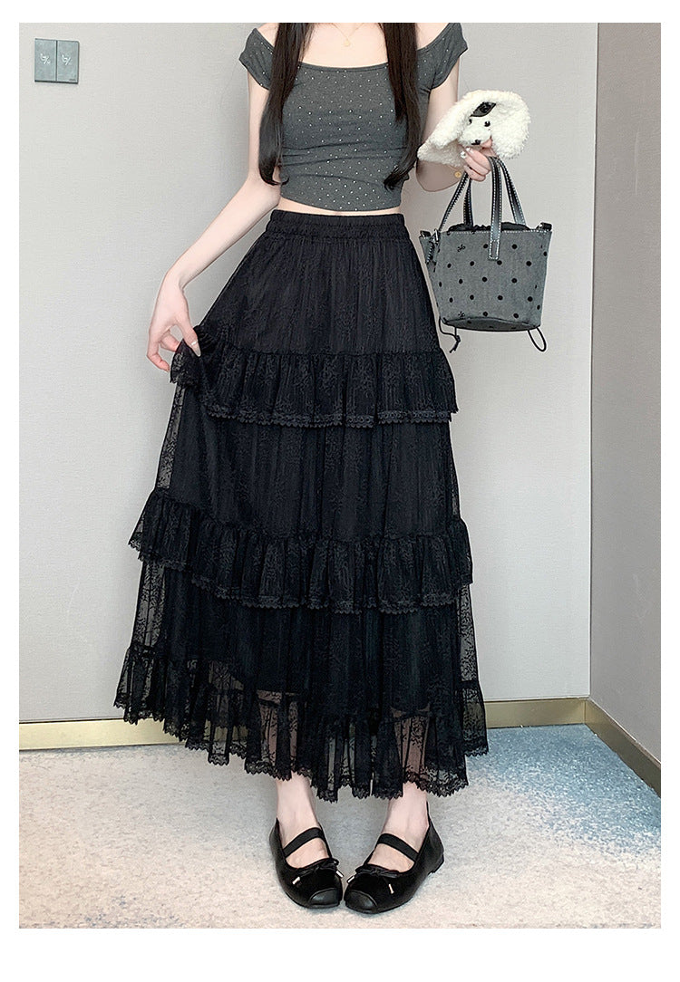 Lace Cake Dress With Net Falbala Bubble Skirt-Theone Apparel