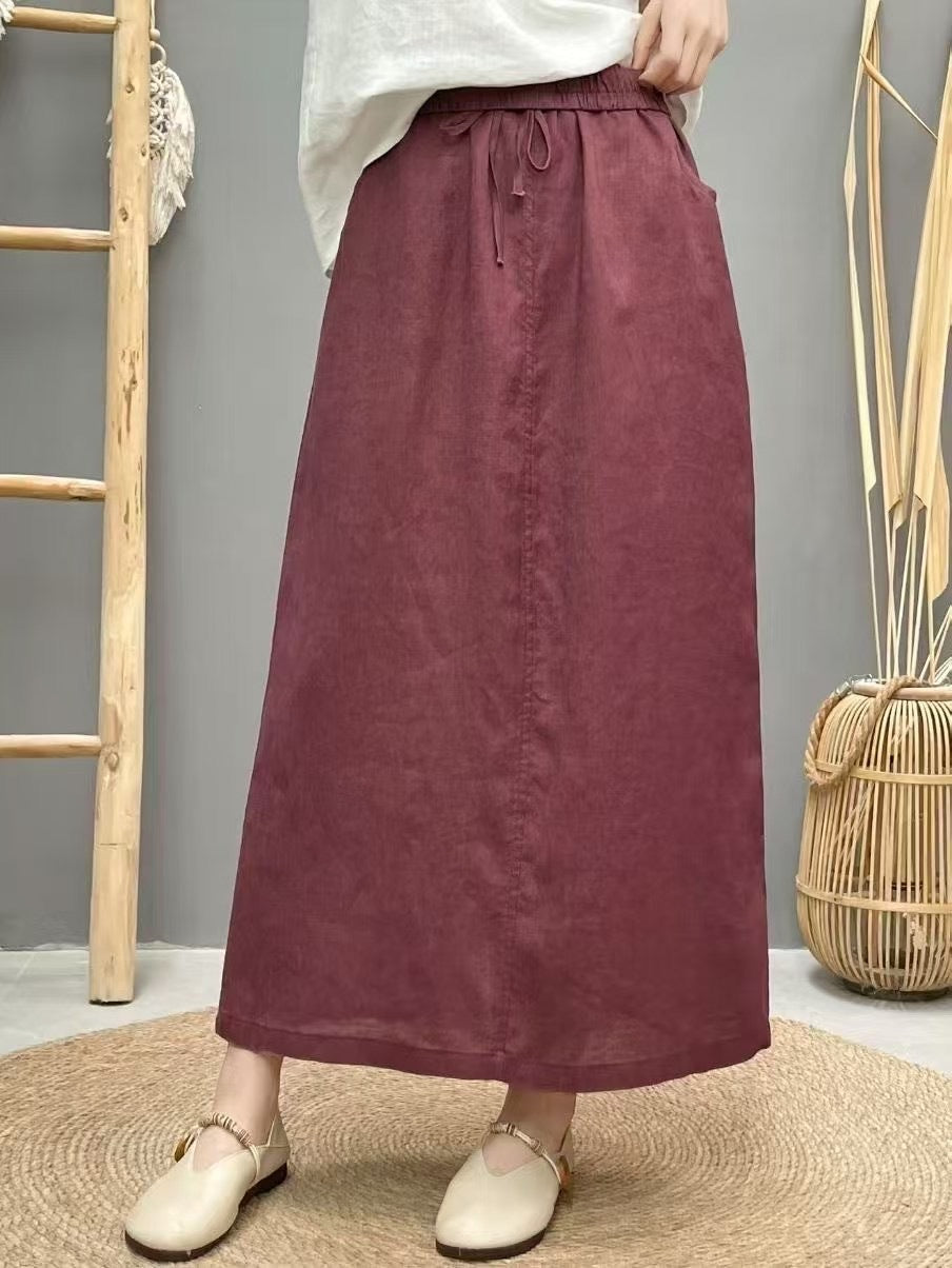 Lace Up Linen High Waist Skirt With Back Slit-Purple-Theone Apparel