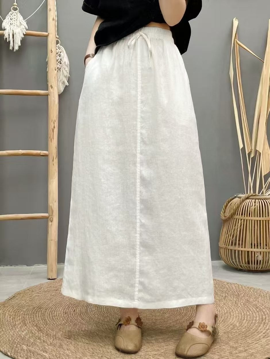 Lace Up Linen High Waist Skirt With Back Slit-White-Theone Apparel