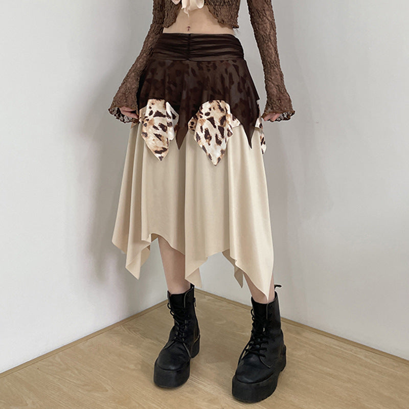 Leopard Print Mesh Pleated Skirt With Irregular Hem-Theone Apparel