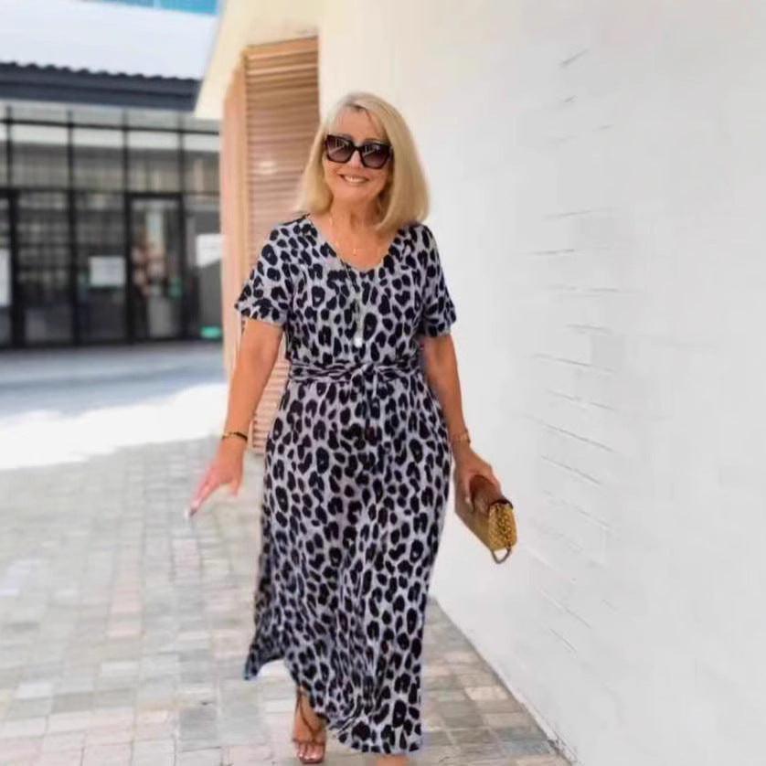 Leopard Print Short-Sleeve V-Neck Dress for Wild Charm-Theone Apparel