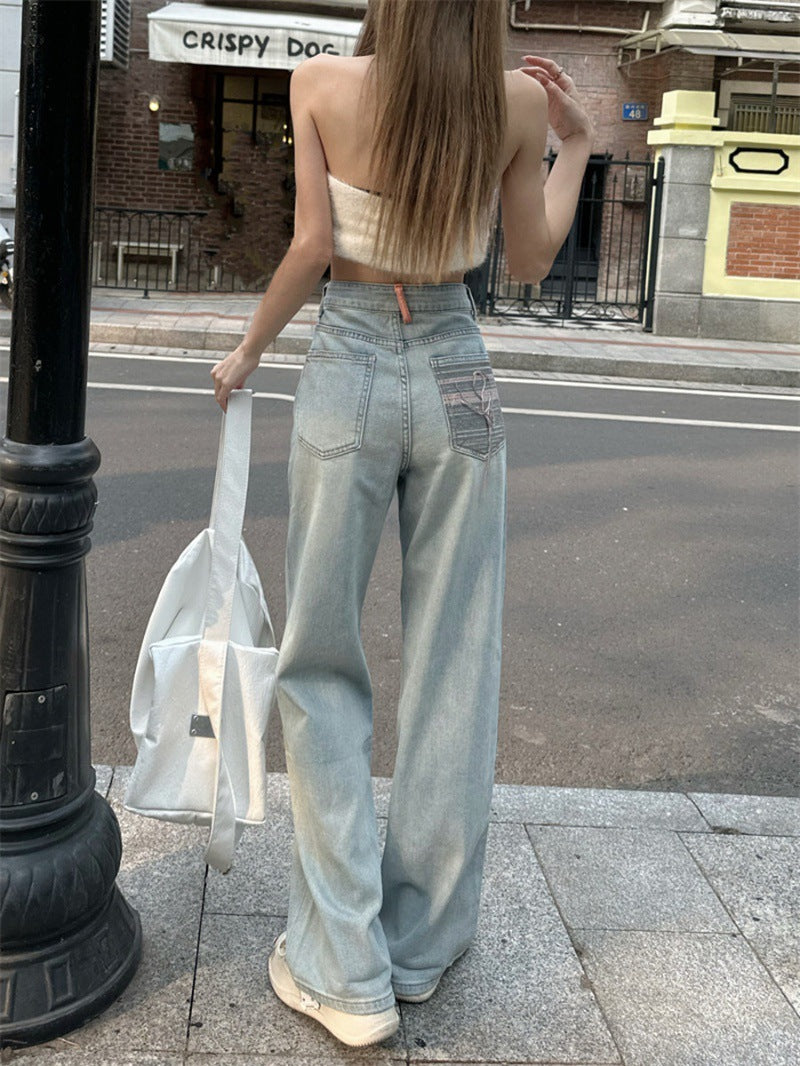 Light Blue Summer Washed Wide-Leg Floor-Length Jeans-Theone Apparel