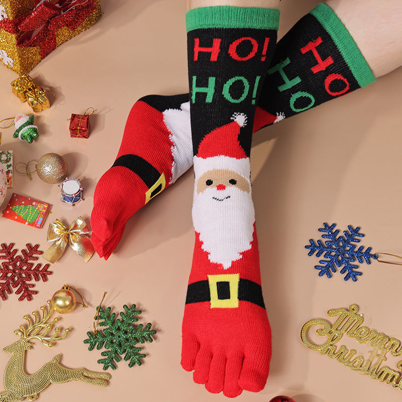 Lightweight Soft Crew Socks with Five Toes in Christmas Patterns-HOI Elderly-Theone Apparel