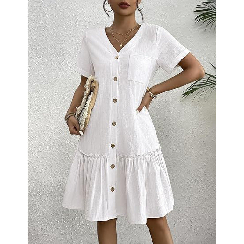 Loose Cotton-Linen Summer Dress for Breezy Casual Comfort-White-Theone Apparel
