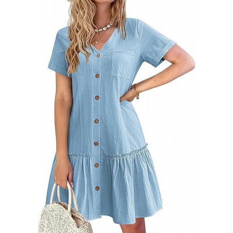 Loose Cotton-Linen Summer Dress for Breezy Casual Comfort-Light Blue-Theone Apparel