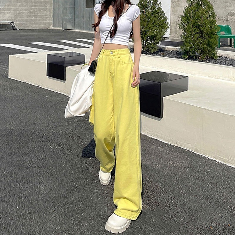 Loose Wide-Leg High-Waist Jeans for Relaxed Urban Style-Yellow-Theone Apparel