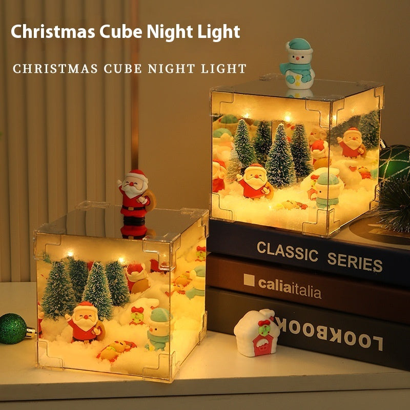 Mirrored Glass Cube Light-Up Snowman & Snowy Tree Tabletop Christmas Decoration-Theone Apparel