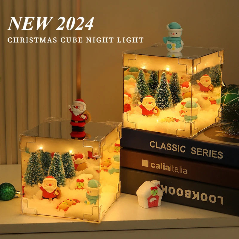 Mirrored Glass Cube Light-Up Snowman & Snowy Tree Tabletop Christmas Decoration-Theone Apparel