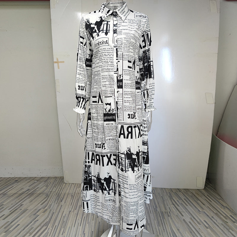 Newspaper Print Shirt Dress with Relaxed Button-Down Appeal-Theone Apparel