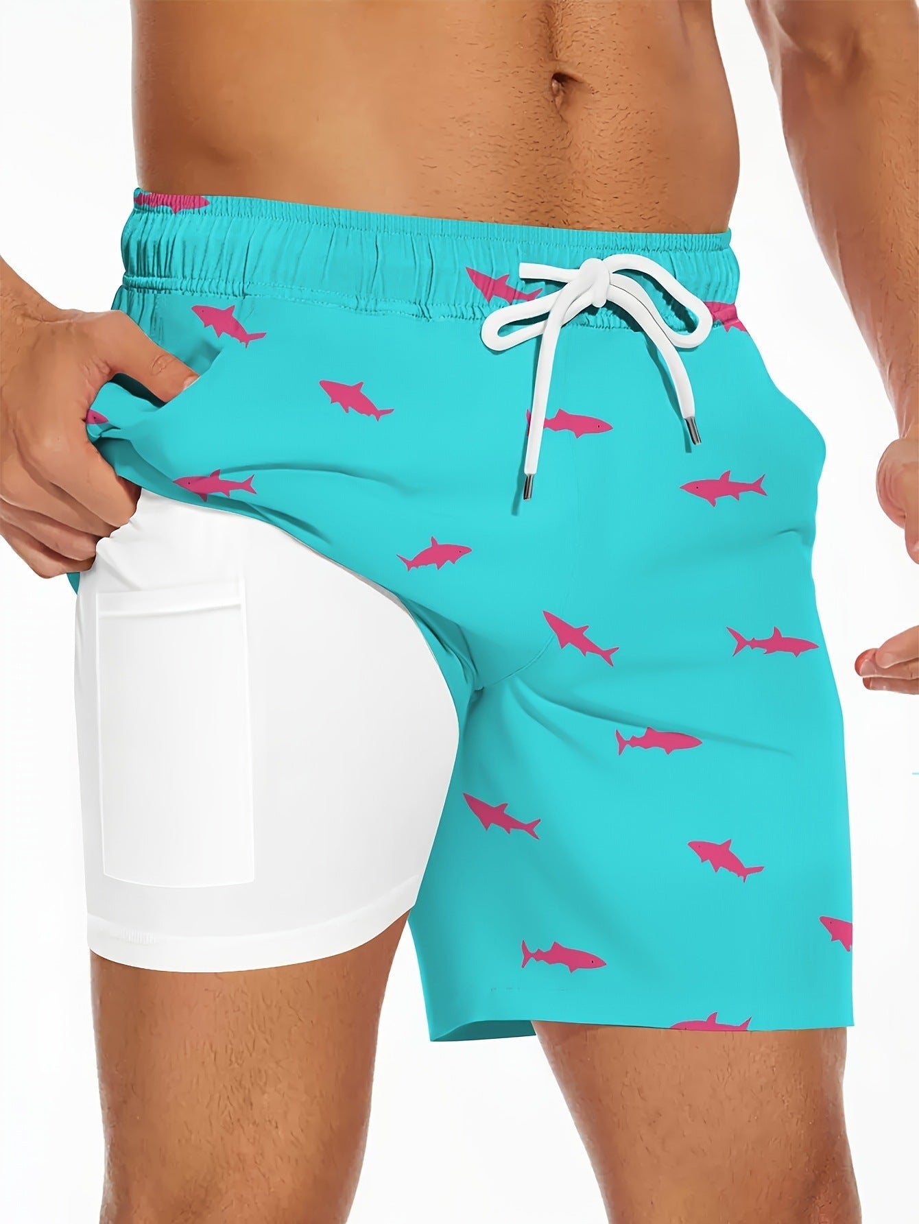 Playful Shark-Illustrated Drawstring Swim Trunks for Beach Fun-Sky Blue-Theone Apparel