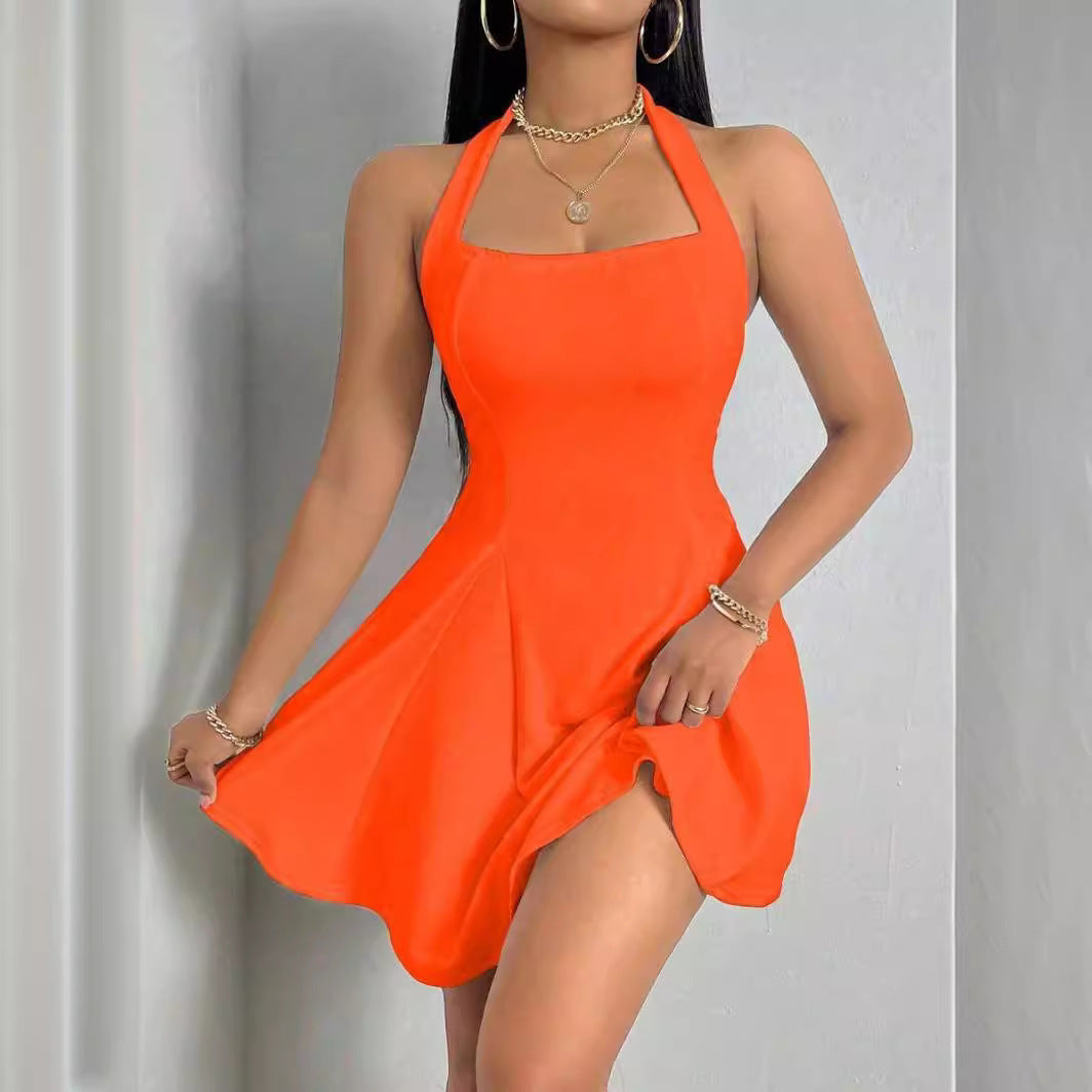 Pure-Color Halter Backless Sleeveless Dress for Chic Minimalism-Theone Apparel
