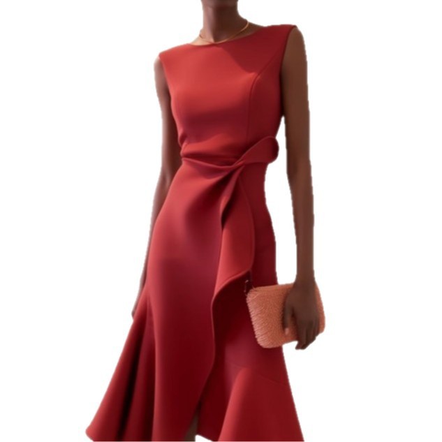 Red Sleeveless Round-Neck Dress with Elegant Temperament-Theone Apparel