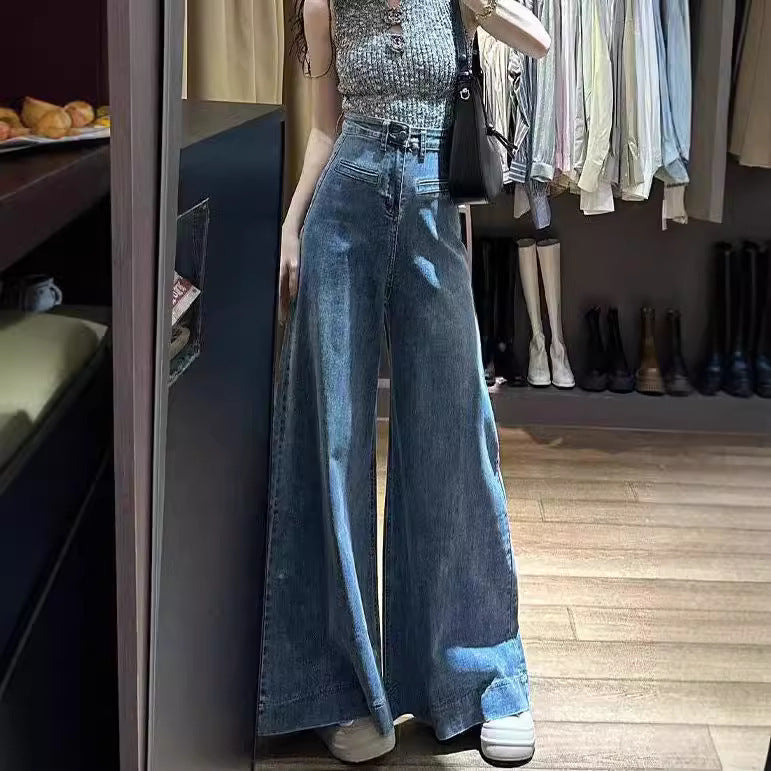 Retro Blue Floor-Length Wide-Leg Jeans with Drape-Blue-Theone Apparel