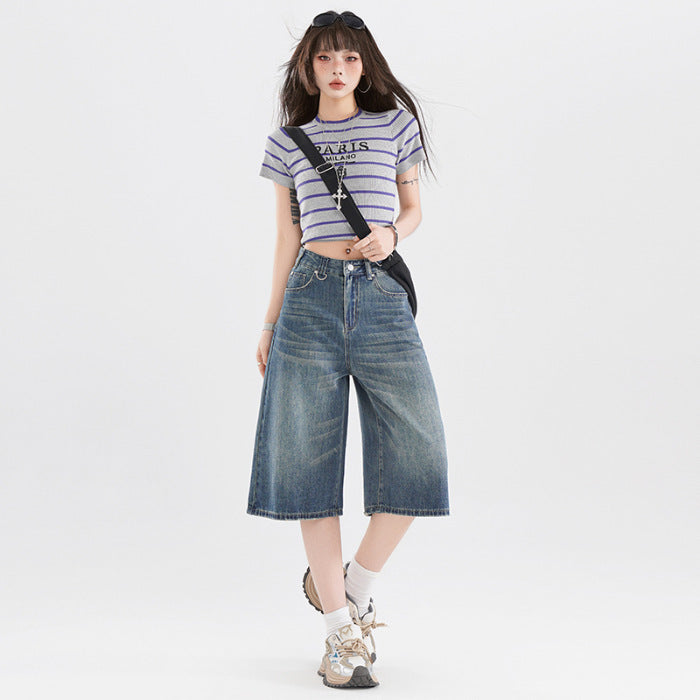 Retro Cropped High Street Jeans with Summer Americana Vibes-Blue-Theone Apparel