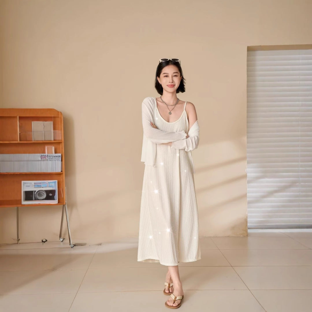 Sequin Pleated Cami Dress with Elegant Temperament Silhouette-White-Theone Apparel