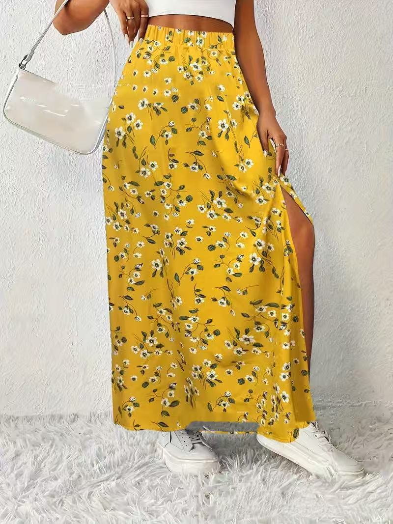 Side Slit Printed Skirt For Fashionable Everyday Wear-Yellow-Theone Apparel