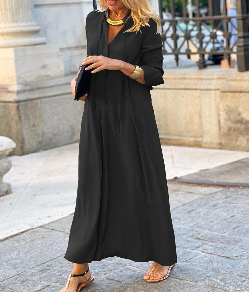 Simple V-Neck Long-Sleeve Dress in Solid Casual Comfort-Black-Theone Apparel
