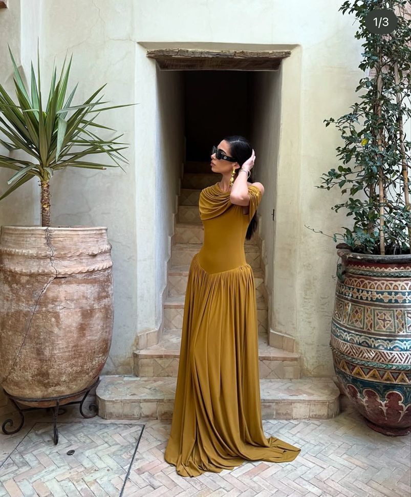 Slant Shoulder A-Line Dress with Waist-Slimming Design-Caramel-Theone Apparel