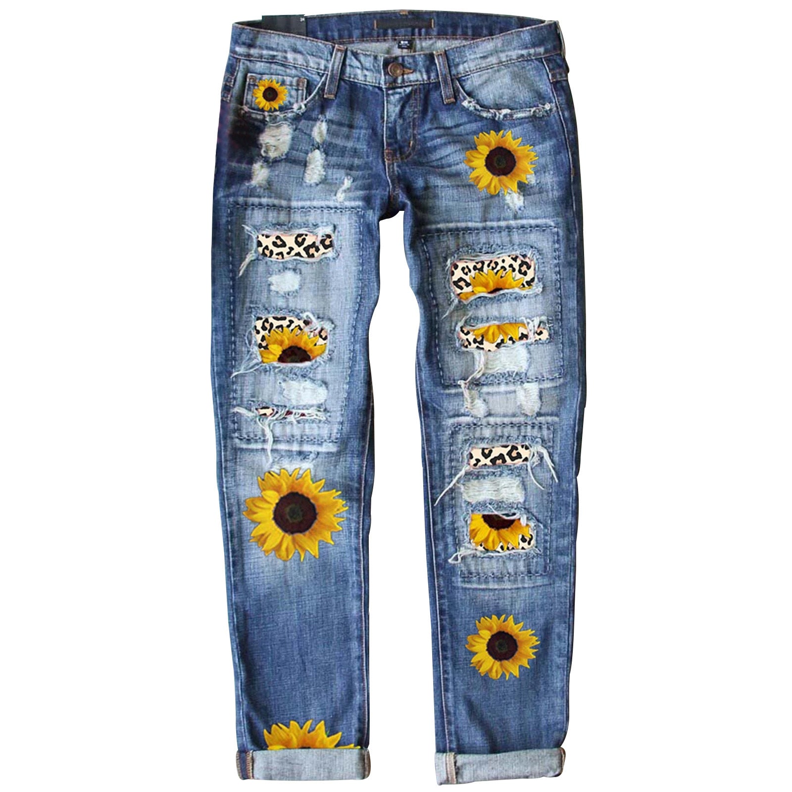 Slim-Fit Printed Denim Pants with Graphic Edge-Yellow Floral-Theone Apparel
