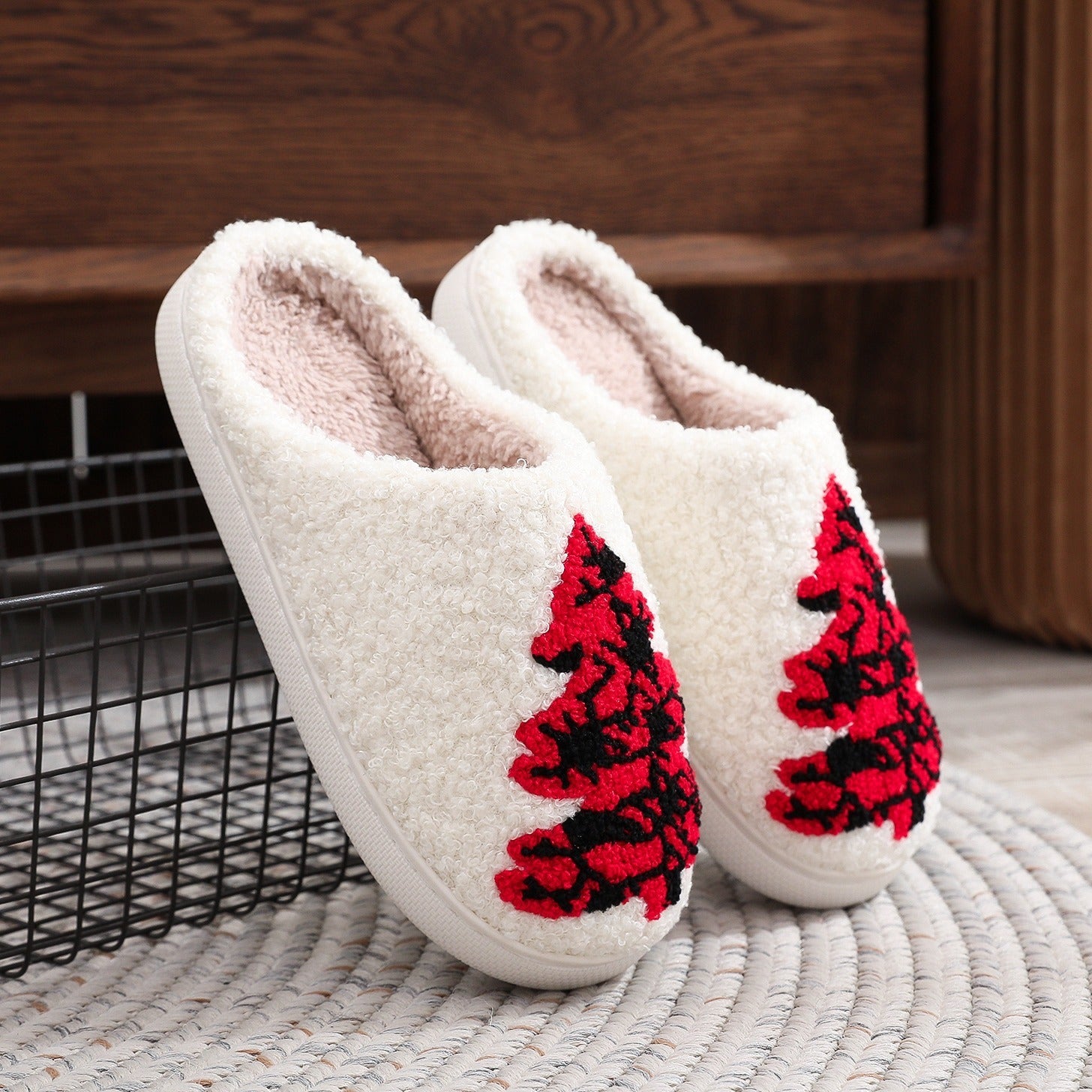 Soft Fleece Lined House Slippers with Red and Black Christmas Trees-Theone Apparel