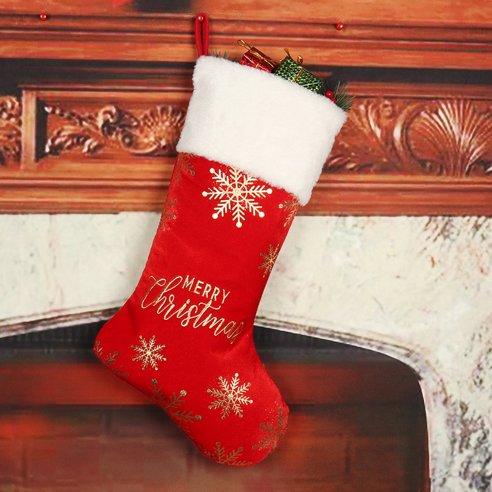 Sophisticated Christmas Stocking with Velvety Material and Soft Cuff-Red Bronzing Socks-Theone Apparel